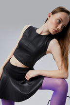 Deri Görünümlü Çok Parçalı Crop Bluz