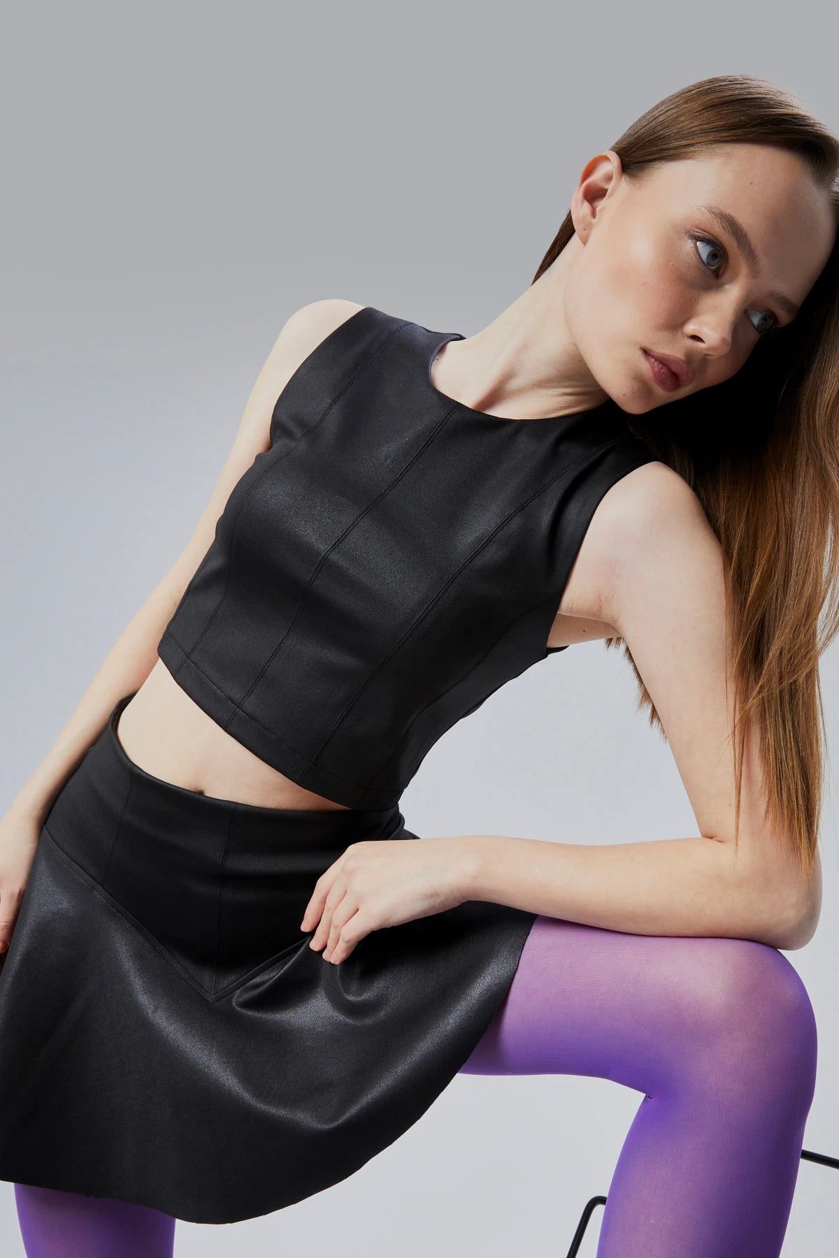 Deri Görünümlü Çok Parçalı Crop Bluz