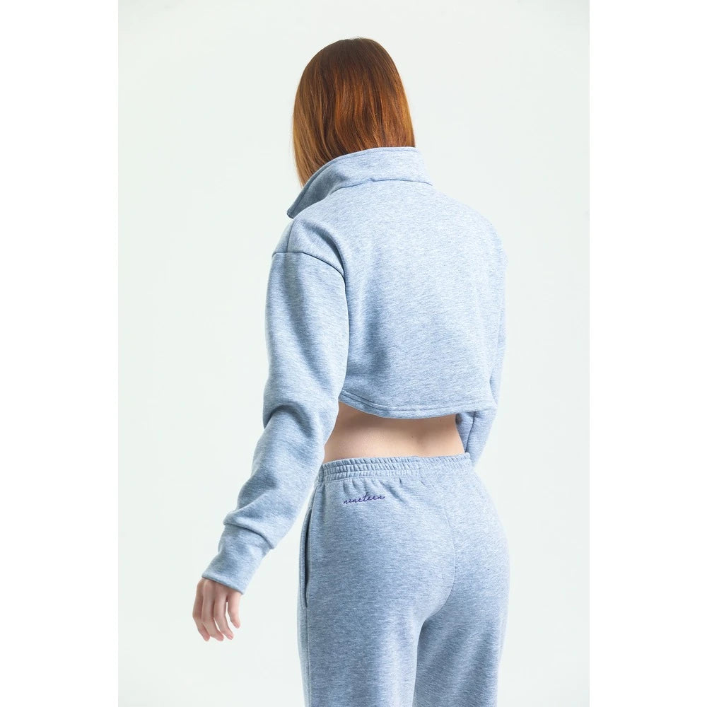 Fermuarlı Crop Sweatshirt & Jogger Eşofman Altı Takım - Gri