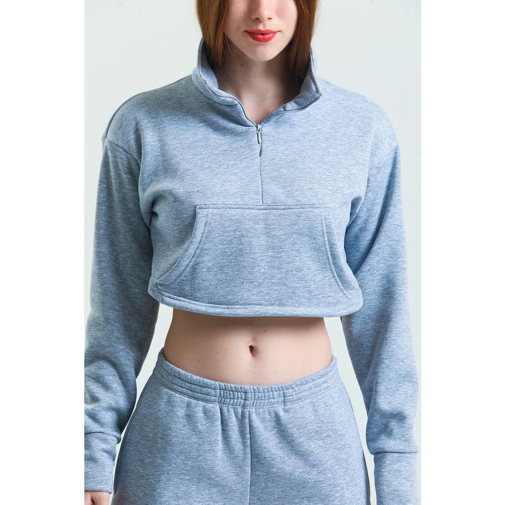 Fermuarlı Crop Sweatshirt & Jogger Eşofman Altı Takım - Gri