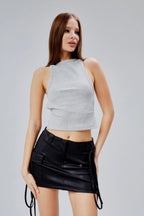 Deri Görünümlü Kargo Mini Etek