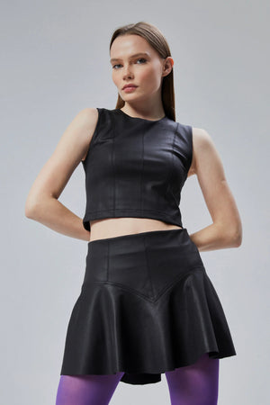 Deri Görünümlü Crop Bluz & Yüksek Bel Mini Etek Takım