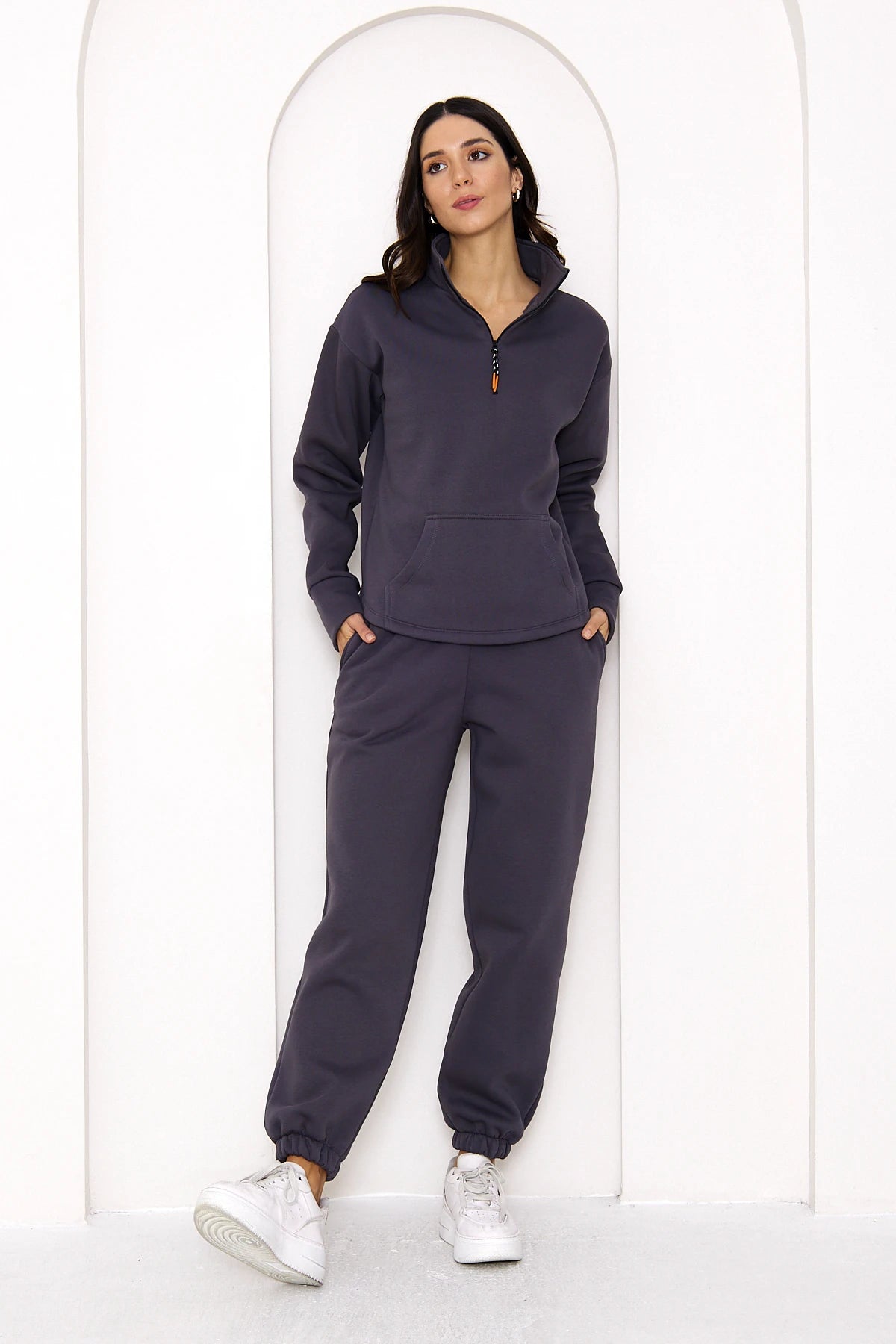 Yarım Fermuarlı Şardonlu Sweatshirt