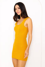 Sırt Dekolteli Kalın Askılı Mini Ribana Elbise - Hardal
