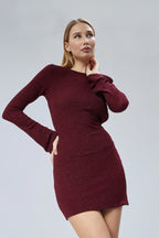 Derin Sırt Dekolteli Simli Mini Elbise - Bordo