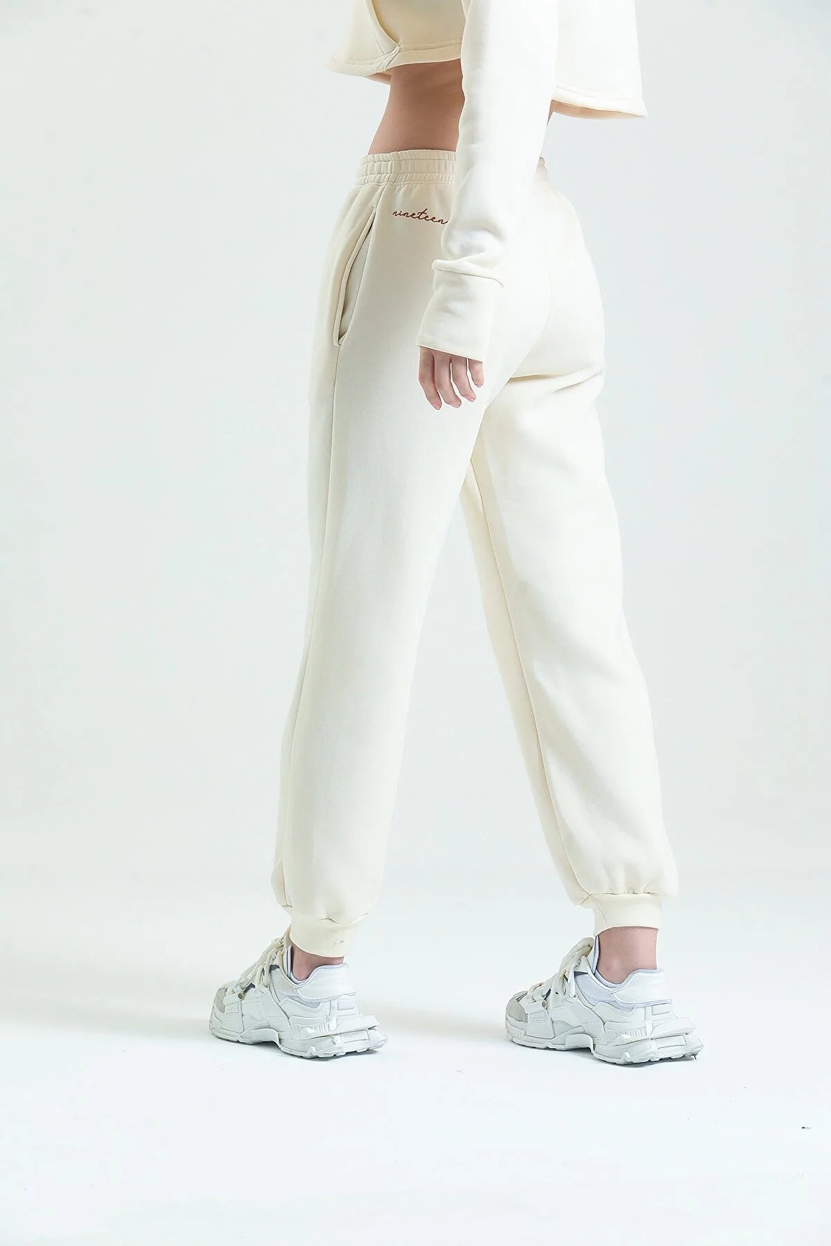 Fermuarlı Crop Sweatshirt & Jogger Eşofman Altı Takım - Ekru