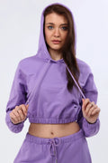 Kapüşonlu Beli Lastik Detaylı Crop Sweatshirt - Mor