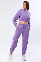 Kapüşonlu Crop Sweatshirt & Jogger Eşofman Altı Takım - Mor
