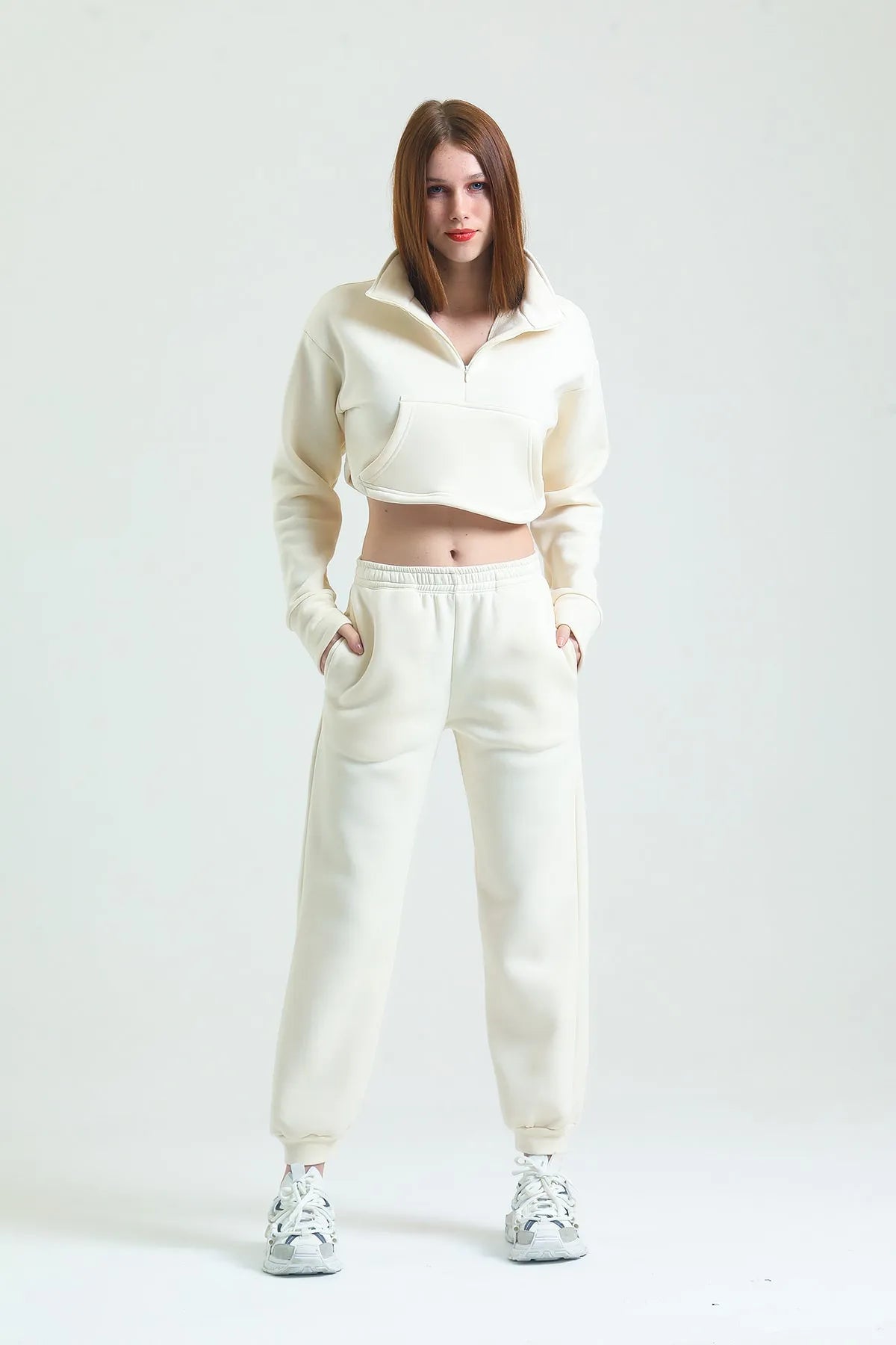 Fermuarlı Crop Sweatshirt - Ekru