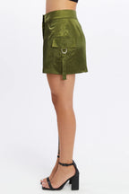 Saten Kargo Mini Etek - Haki