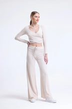 Uzun Kollu V Yaka Detaylı Crop Bluz