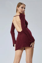 Derin Sırt Dekolteli Simli Mini Elbise - Bordo
