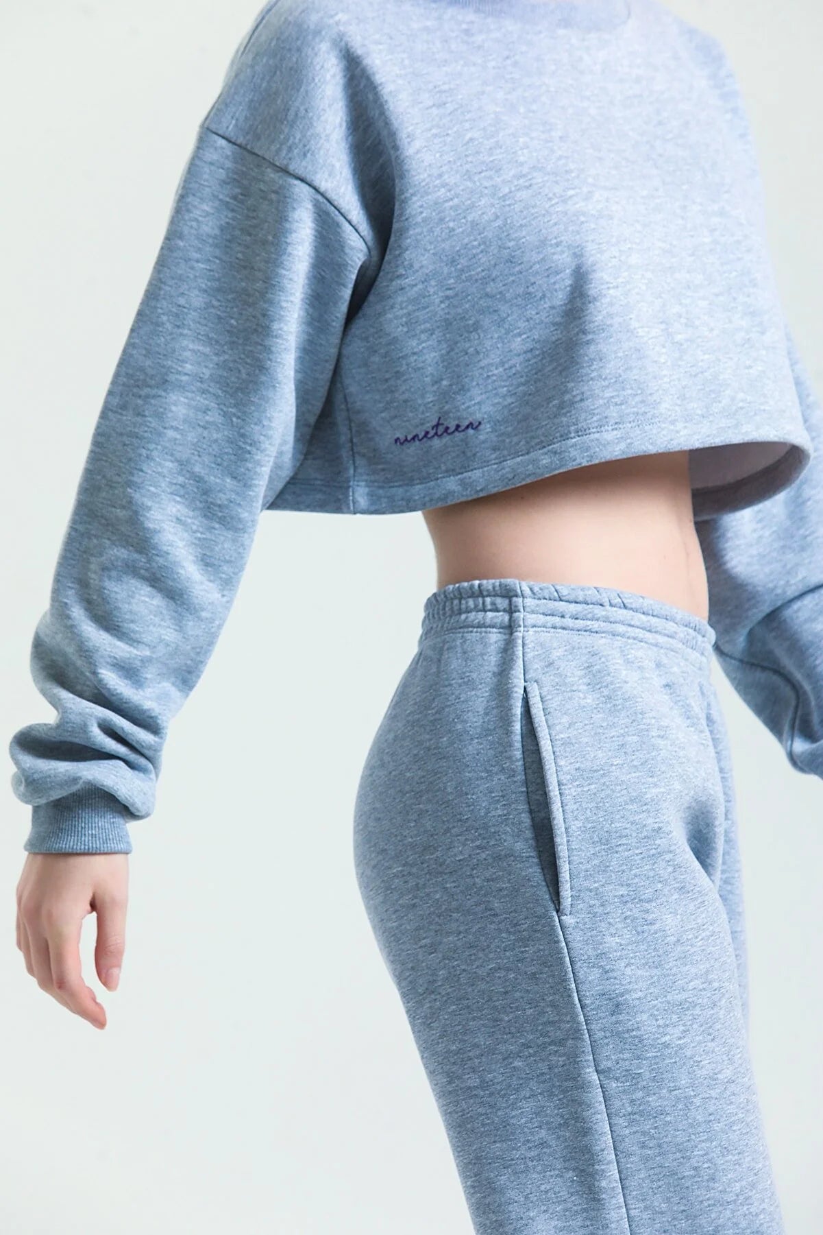 İçi Polarlı Crop Sweatshirt & Jogger Eşofman Altı Takım - Gri