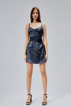 Velora Jakarlı Saten Sırt Dekolteli Mini Elbise - Gece Mavisi