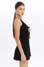 Göğüs Dekolte Bağcık Detaylı Mini Elbise - Siyah