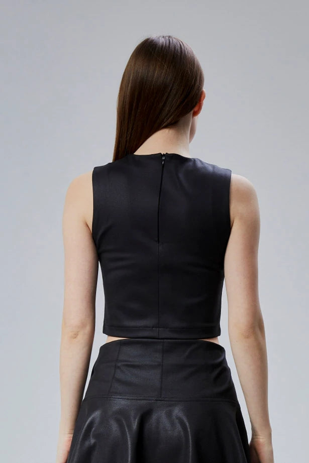 Deri Görünümlü Çok Parçalı Crop Bluz