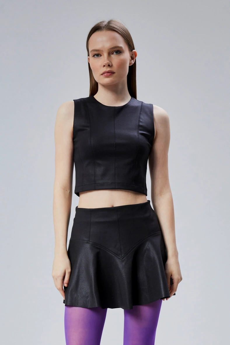 Deri Görünümlü Çok Parçalı Crop Bluz