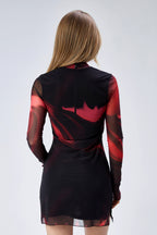Blaze Batik Desenli Uzun Kollu Mini Tül Elbise