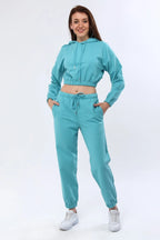 Kapüşonlu Crop Sweatshirt & Jogger Eşofman Altı Takım - Mavi