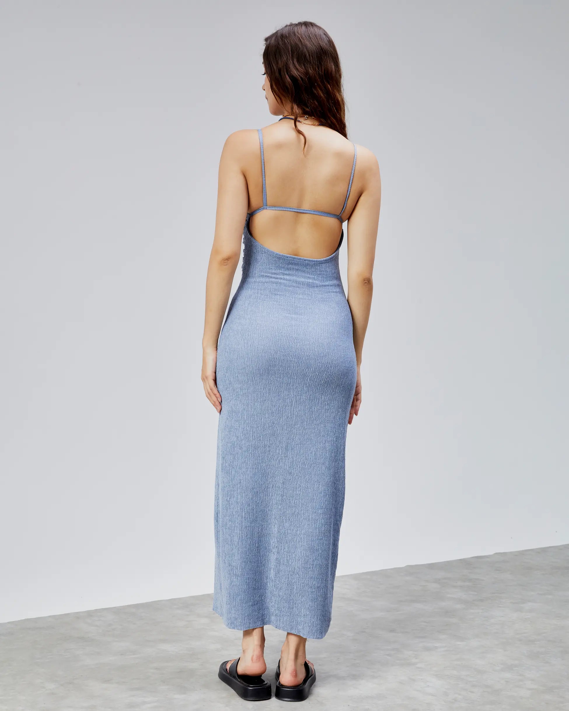 Sırtı Açık Rustik Midi Elbise (Krinkle Kumaş)