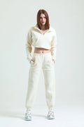 Fermuarlı Crop Sweatshirt & Jogger Eşofman Altı Takım - Ekru