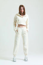 Fermuarlı Crop Sweatshirt & Jogger Eşofman Altı Takım - Ekru