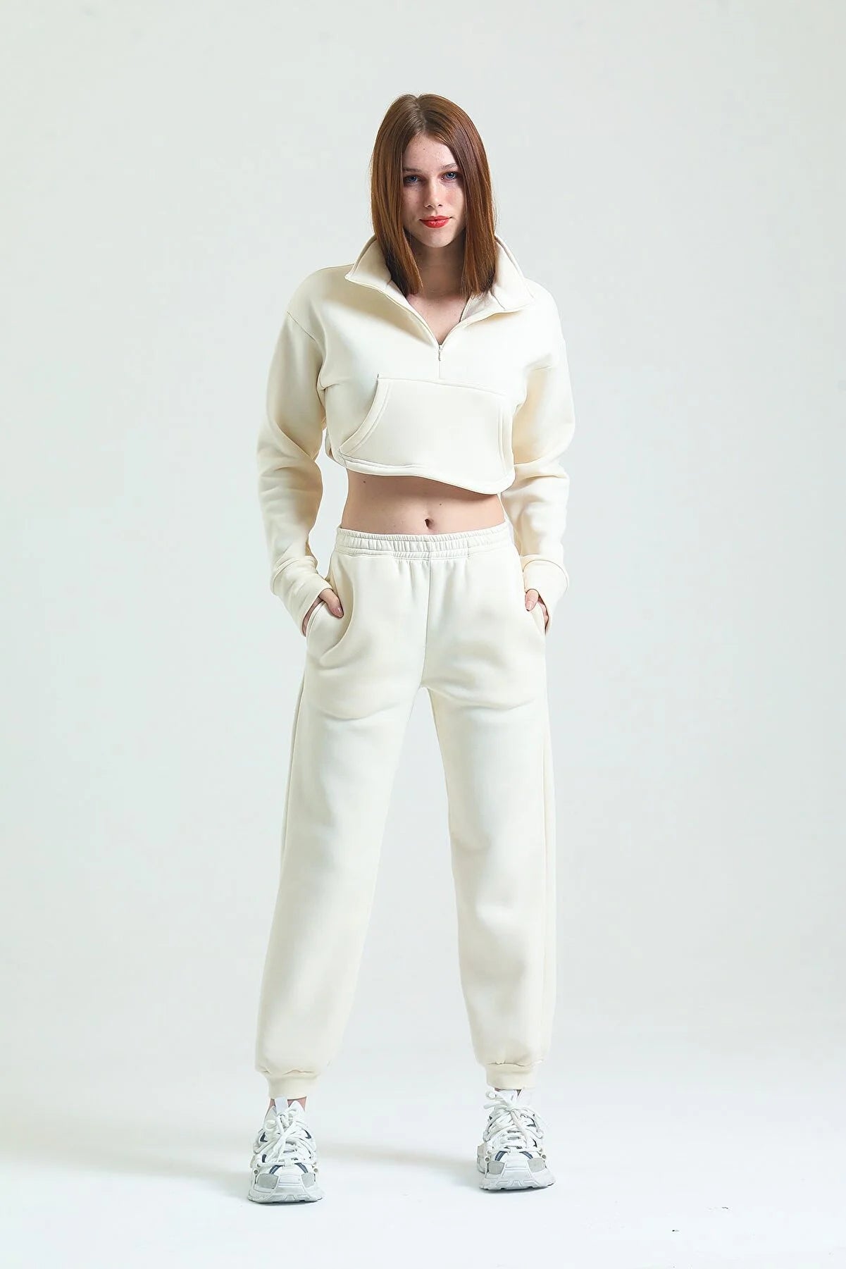 Fermuarlı Crop Sweatshirt & Jogger Eşofman Altı Takım - Ekru