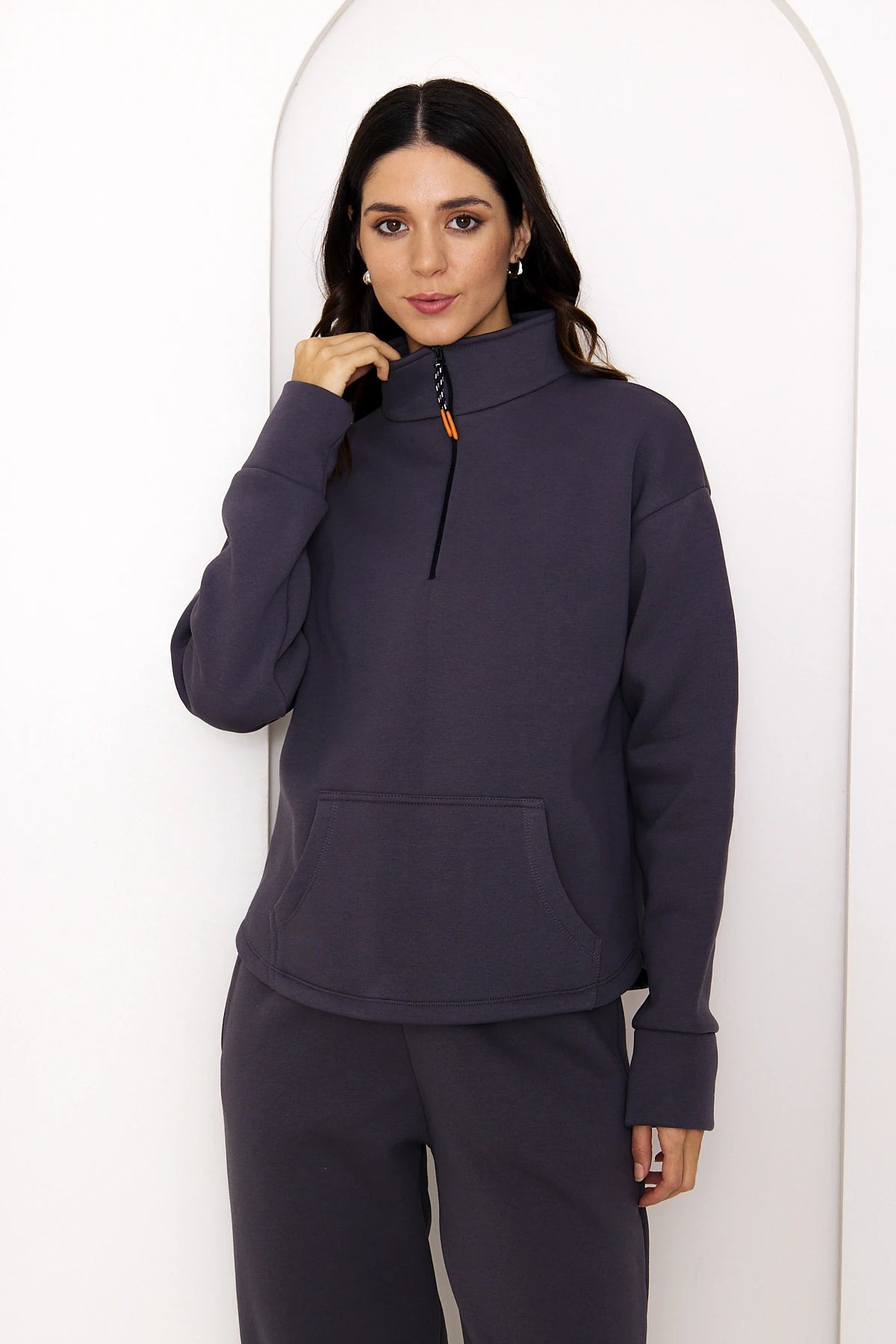 Yarım Fermuarlı Şardonlu Sweatshirt