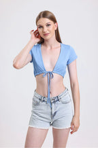 Kısa Kollu Bağcıklı Crop Top