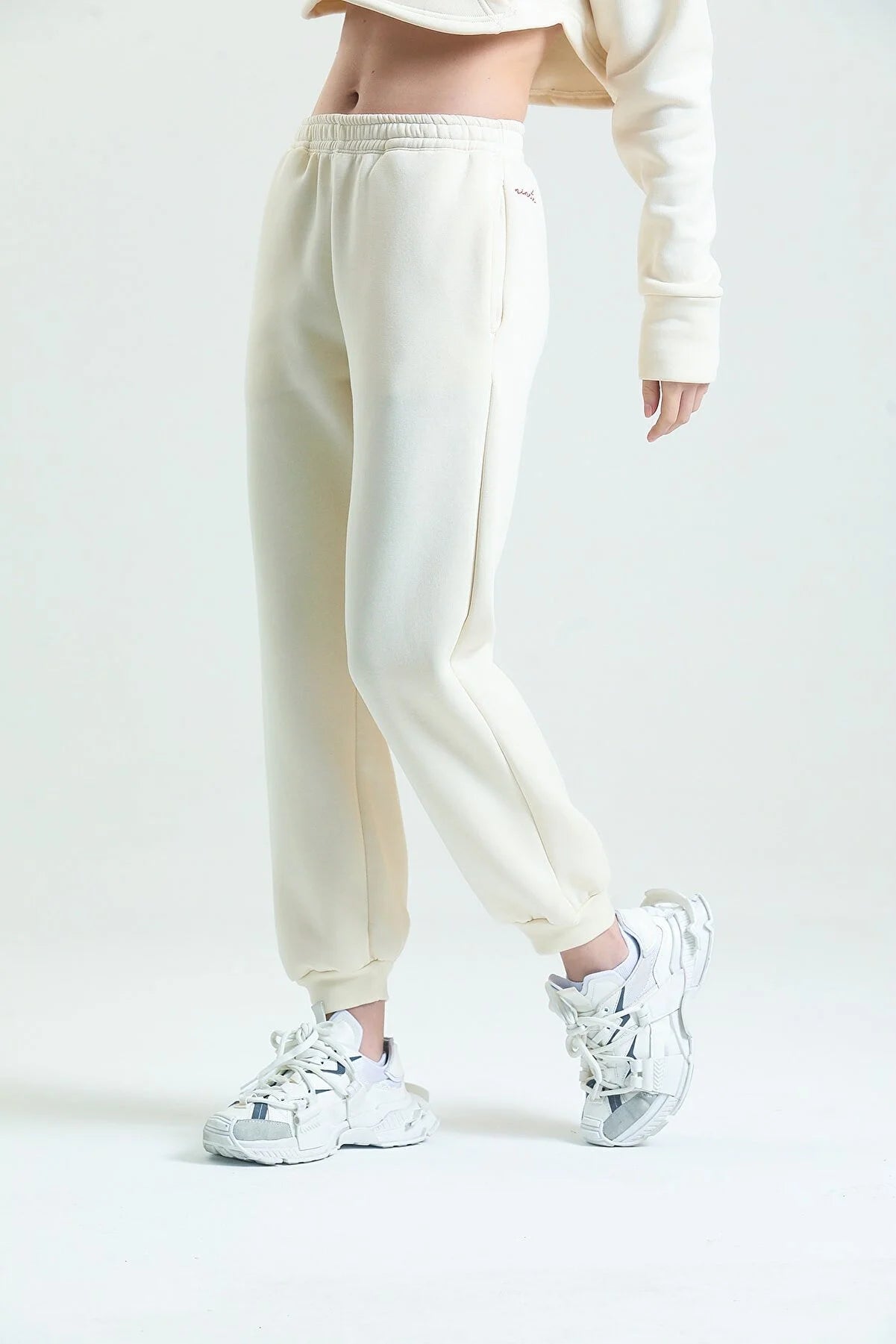 Fermuarlı Crop Sweatshirt & Jogger Eşofman Altı Takım - Ekru