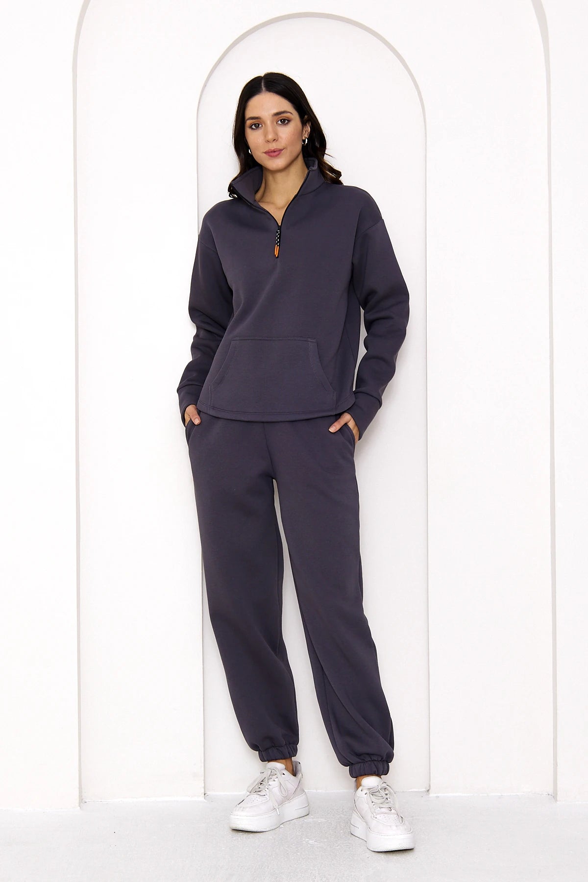 Yarım Fermuarlı Şardonlu Sweatshirt