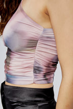 Tek Omuz Büzgülü Tül Crop Bluz