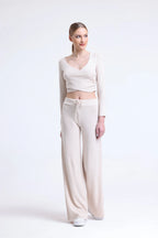 Uzun Kollu V Yaka Detaylı Crop Bluz