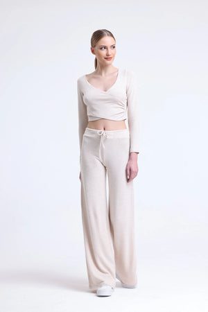 Uzun Kollu Crop Bluz & Plazzo Geniş Paça Pantolon Takım