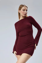 Derin Sırt Dekolteli Simli Mini Elbise - Bordo