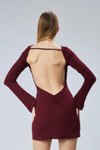 Derin Sırt Dekolteli Simli Mini Elbise - Bordo
