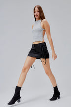Deri Görünümlü Kargo Mini Etek