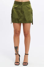 Saten Kargo Mini Etek - Haki