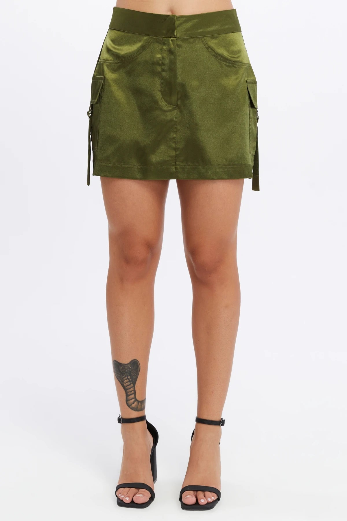 Saten Kargo Mini Etek - Haki
