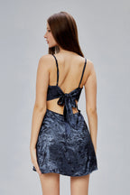 Velora Jakarlı Saten Sırt Dekolteli Mini Elbise - Gece Mavisi