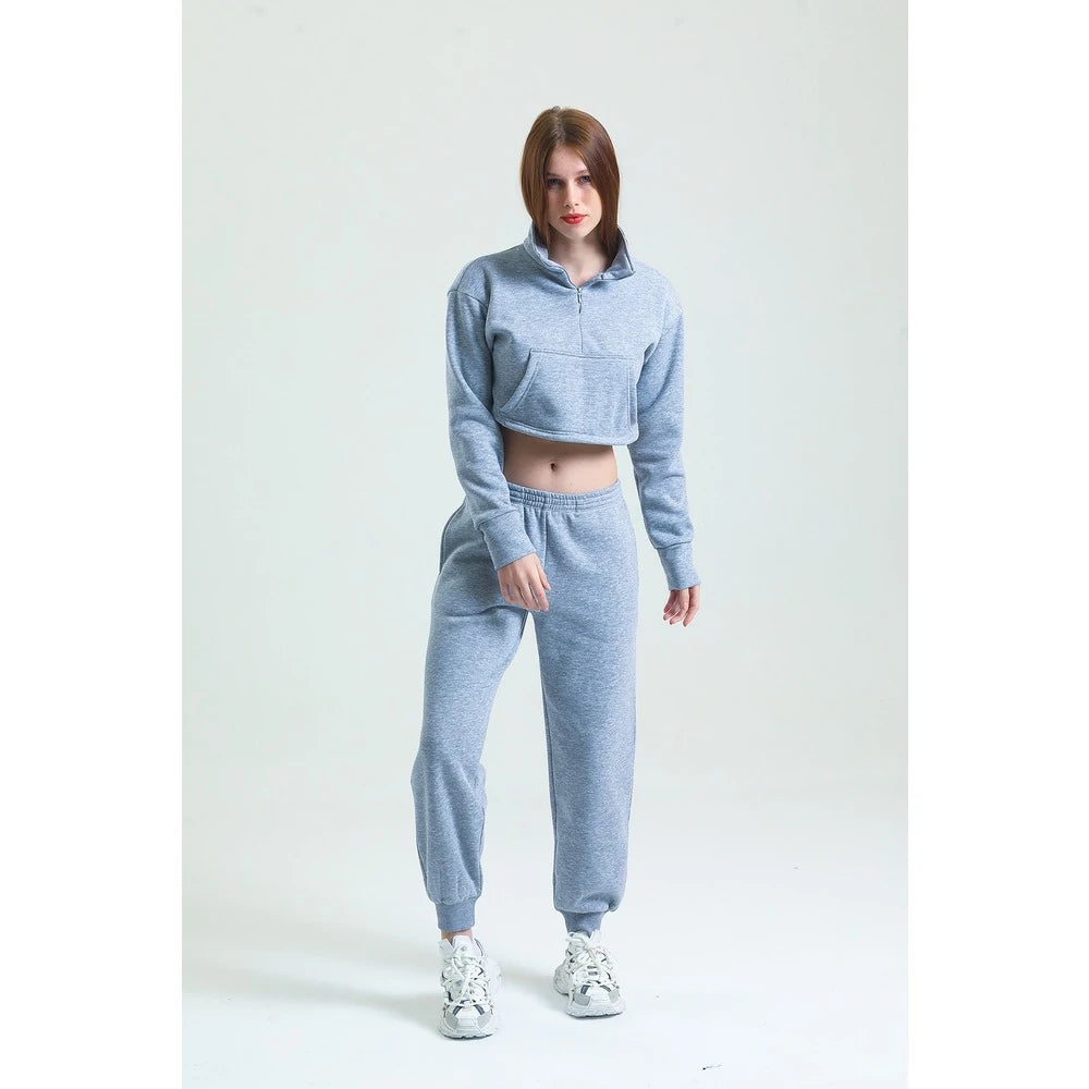 Fermuarlı Crop Sweatshirt & Jogger Eşofman Altı Takım - Gri