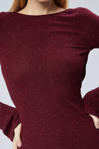 Derin Sırt Dekolteli Simli Mini Elbise - Bordo