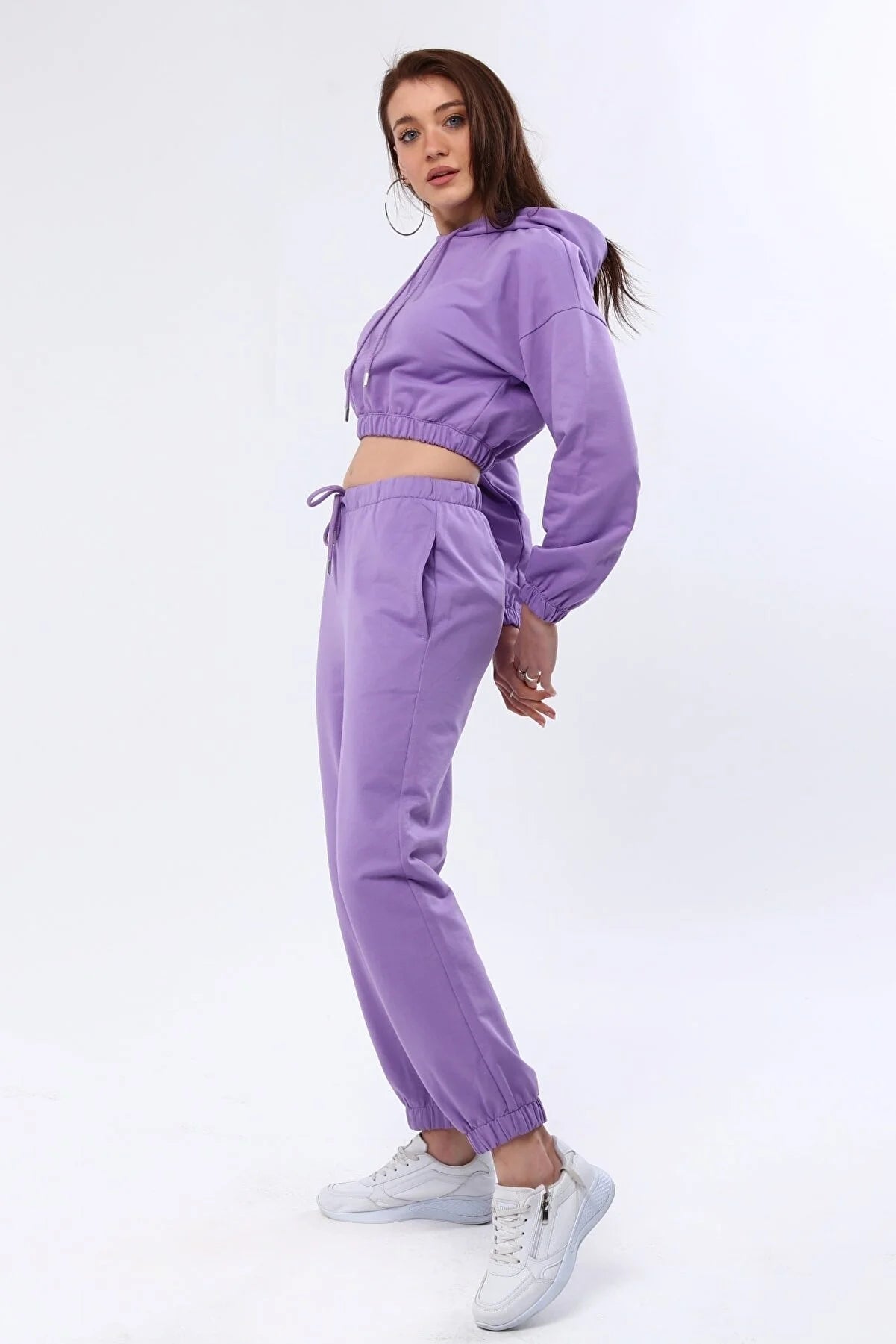 Kapüşonlu Crop Sweatshirt & Jogger Eşofman Altı Takım - Mor